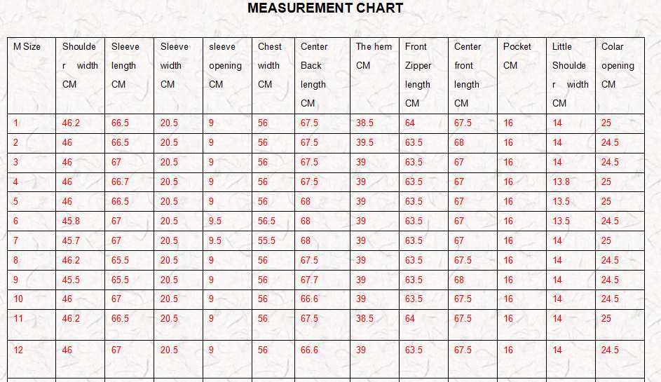 garment size chart measurement