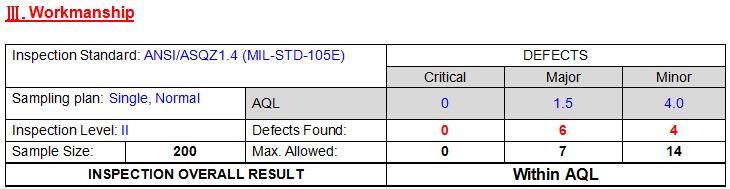 quality inspection report workmanship summary